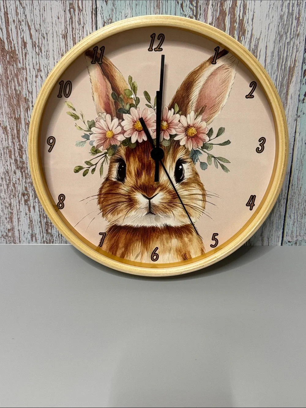 Rabbit Wall Clock, Floral Watercolor Bunny with 100% Wood Frame, 10-Inch Square